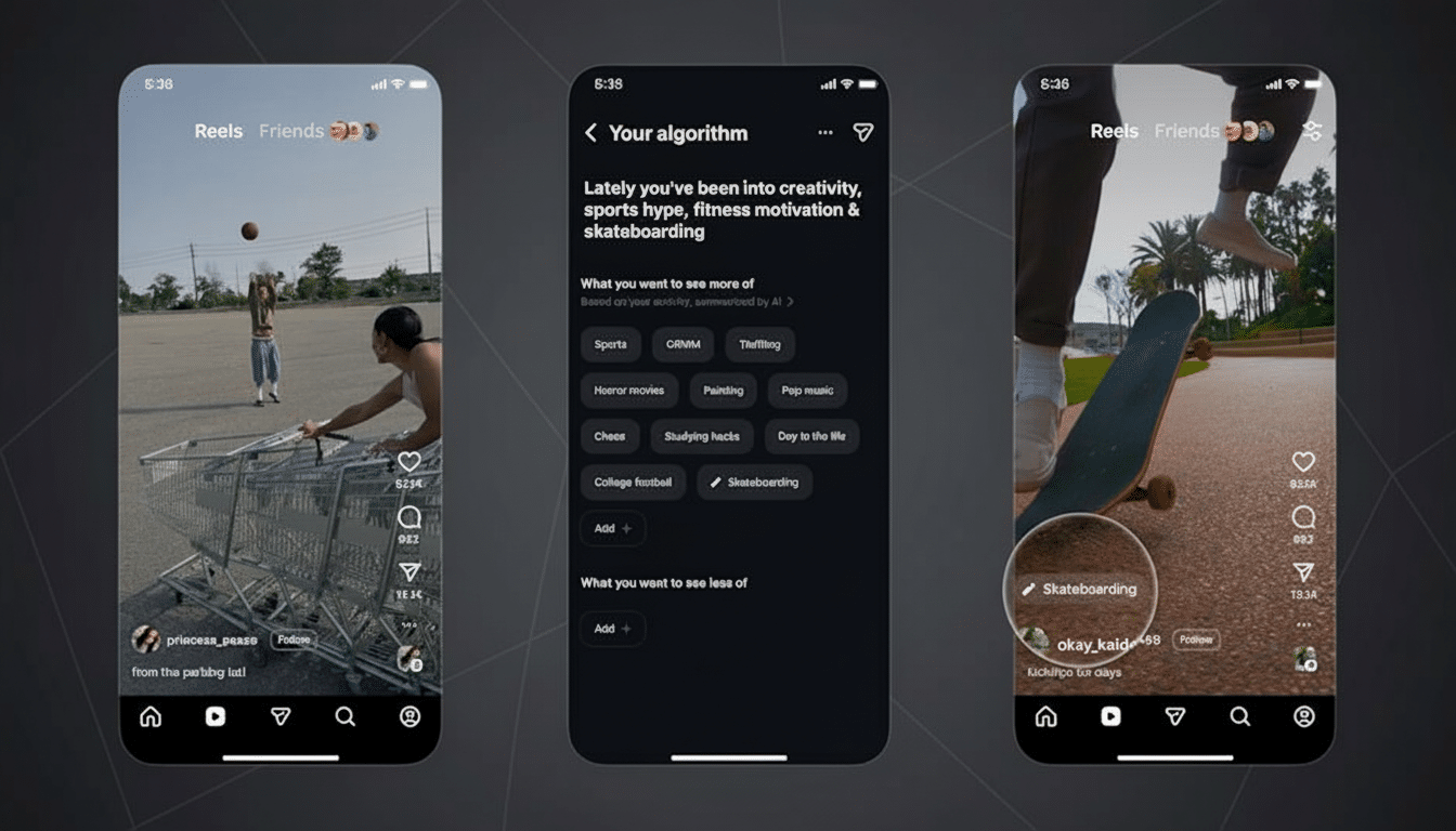Three iPhone screens displaying Instagram Reels content and algorithm settings.