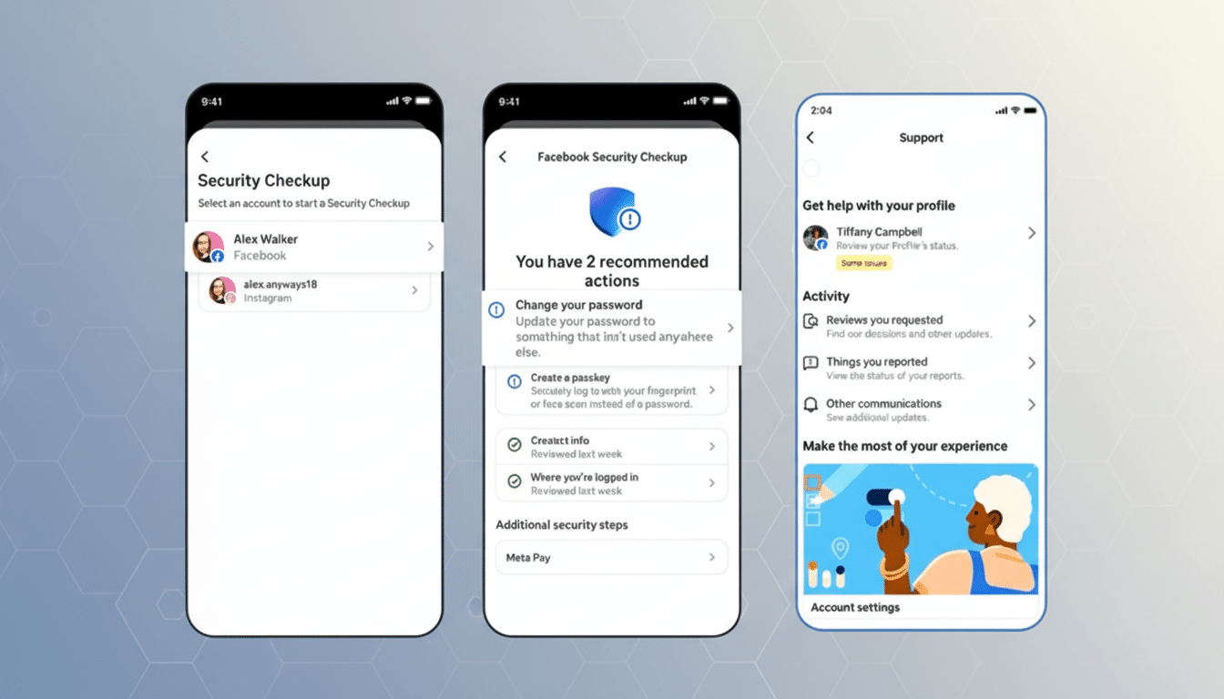 Three mobile phone screens displaying Facebook and Instagram security and support features, resized to a 16:9 aspect ratio with a subtle patterned background.