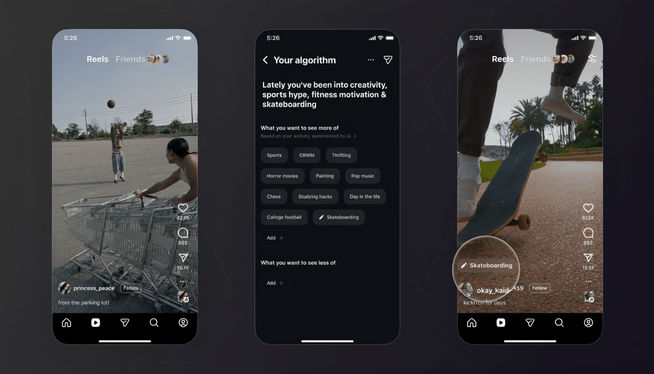 Three mobile phone screens displaying Instagram Reels content and algorithm settings.