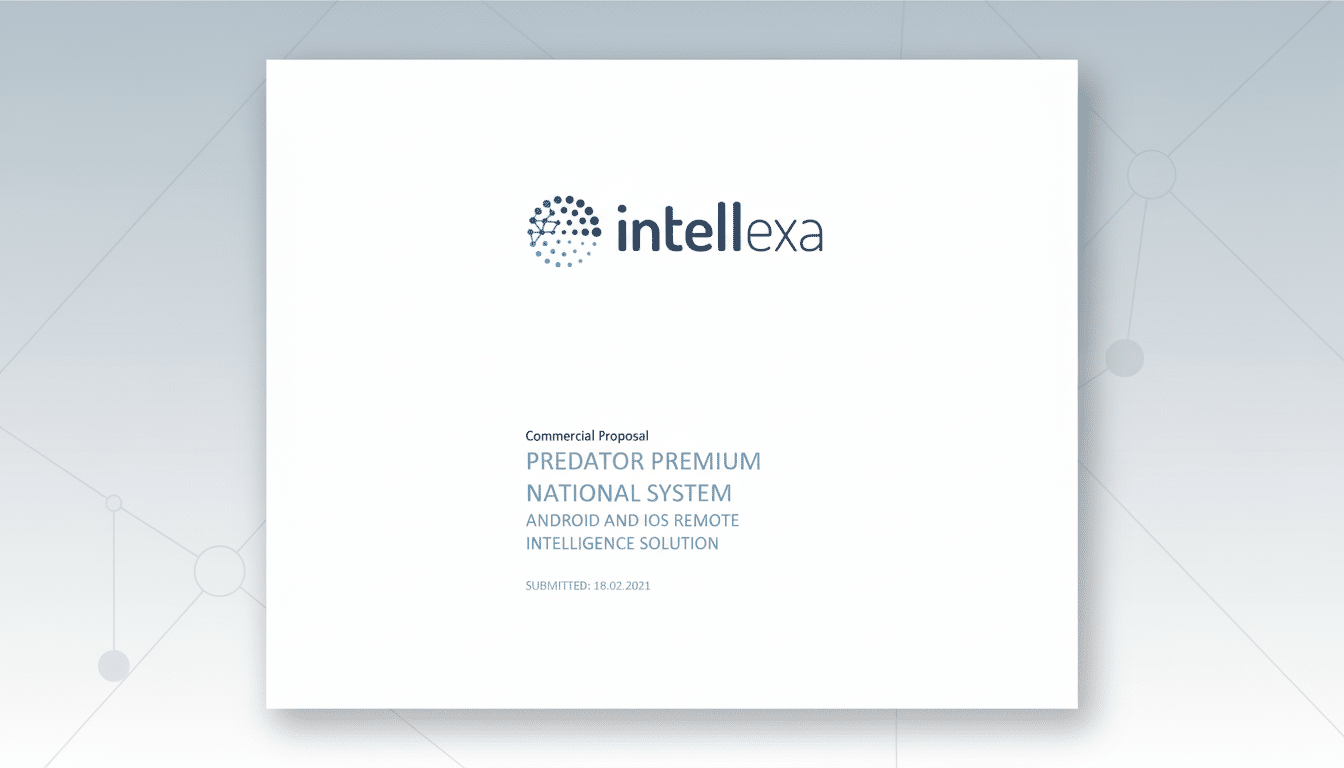 A professional, enhanced image of a commercial proposal document for intellexa PREDATOR PREMIUM NATIONAL SYSTEM with a clean, flat design background.