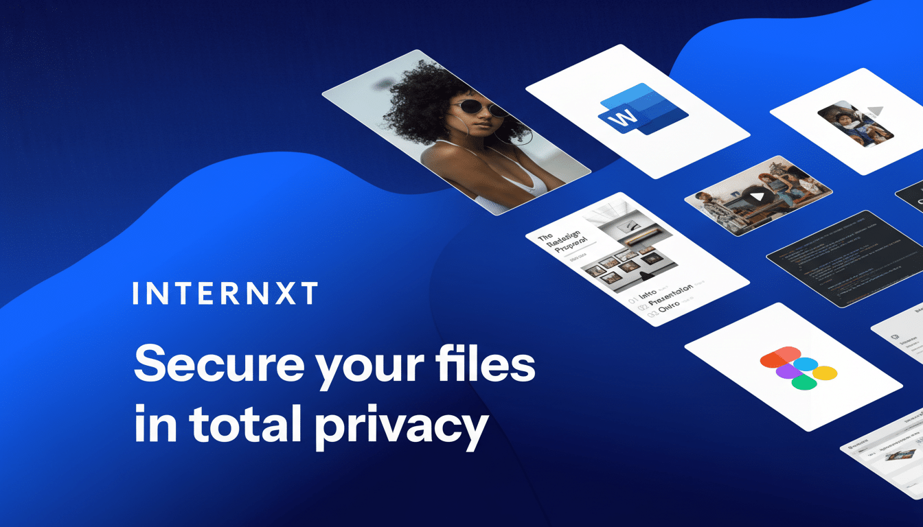 A professional image with a 16:9 aspect ratio, featuring the INTERNXT Secure your files in total privacy text on a blue wavy background. Several floating screens display various content, including a woman with curly hair, the Microsoft Word logo, a presentation slide, and other application interfaces.