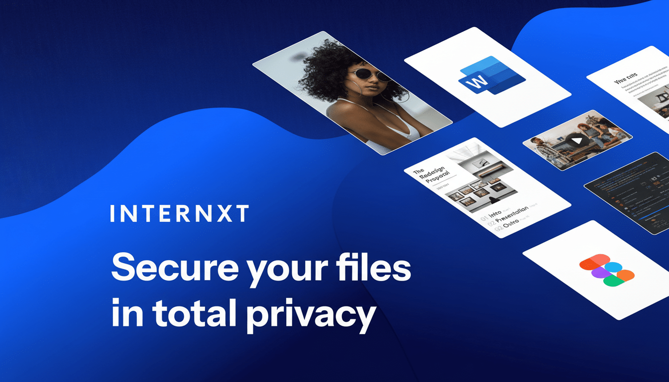 A 16:9 aspect ratio image of the Internxt interface, showcasing various files and applications, with the text Secure your files in total privacy on a blue background.