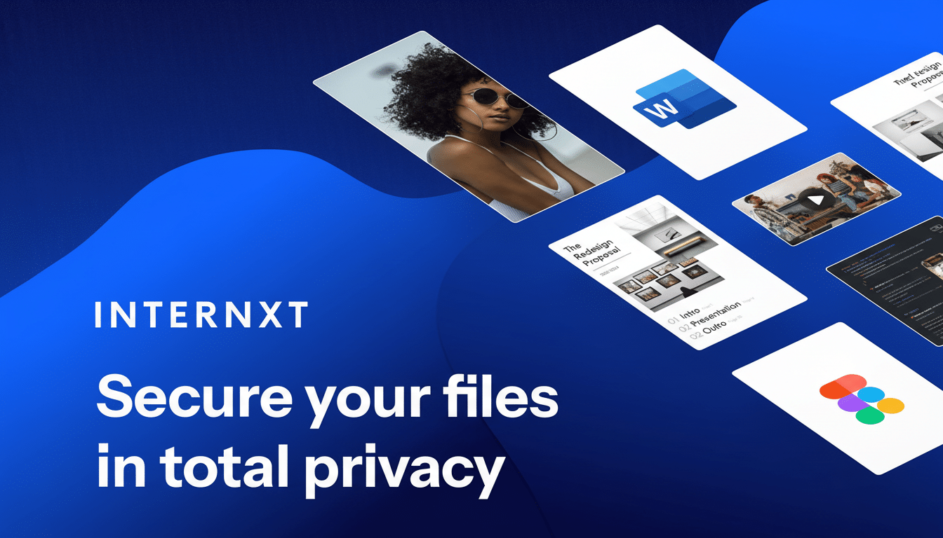A digital interface with the text INTERNXT Secure your files in total privacy on a blue background with abstract waves. Several floating white cards display various images and app icons, including a woman with curly hair, a Microsoft Word icon, and presentation slides.