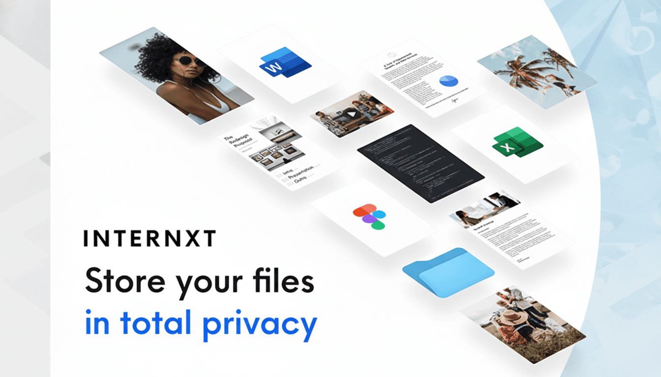 A promotional image for Internxt, showcasing various digital files and documents floating above the text INTERNXT Store your files in total privacy. The background has been updated to a professional flat design with soft patterns and gradients, while maintaining the original elements and text.