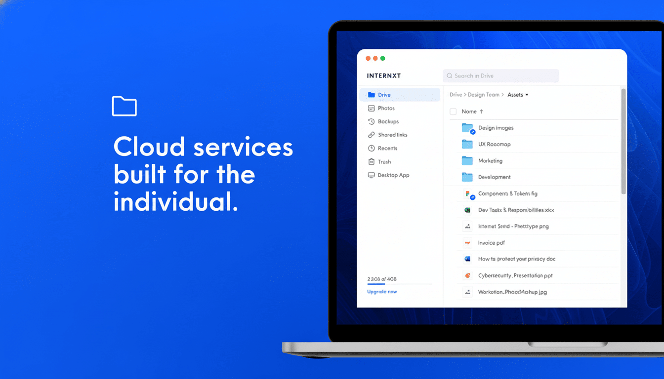 A laptop displaying the Internxt cloud service interface, with the text Cloud services built for the individual. on a blue background.