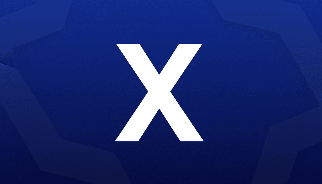 A white letter X on a blue background with subtle geometric patterns.