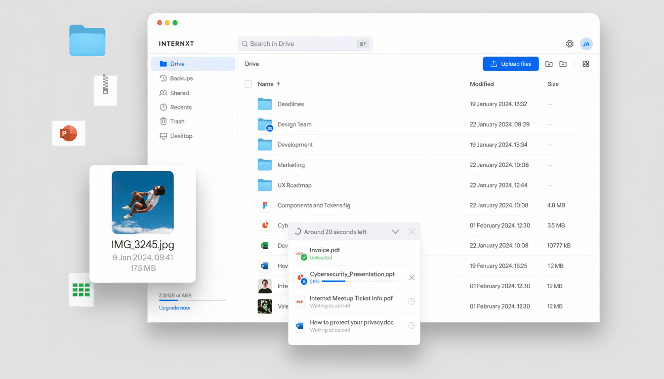 A professional, enhanced image of the Internxt Drive interface, resized to a 16:9 aspect ratio. The main screen displays file management with folders like Deadlines, Design Team, and Development, along with a file upload progress pop-up. To the left, a floating card shows a preview of IMG3245.jpg with a person jumping in the air, and various file icons (folder, zip, PowerPoint, spreadsheet) are scattered around the main interface. The background is a clean, professional flat design with soft gradients, maintaining the original products integrity.