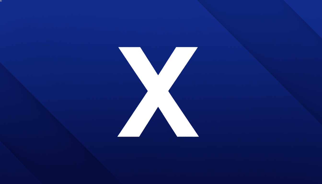 A white letter X on a dark blue background with subtle diagonal gradient patterns.