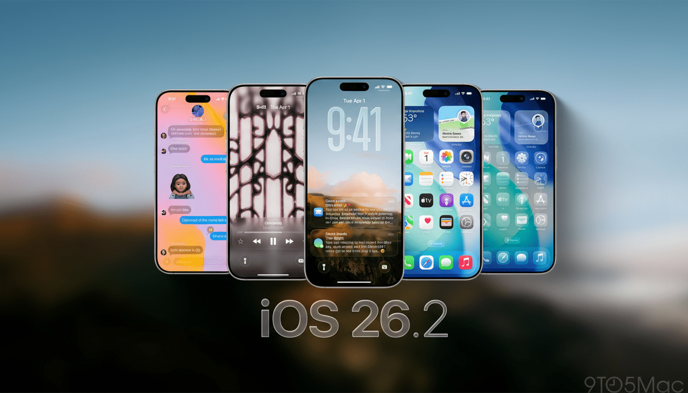 Five iPhones displaying different iOS screens, with iOS 26.2 text in the foreground, set against a blurred background.