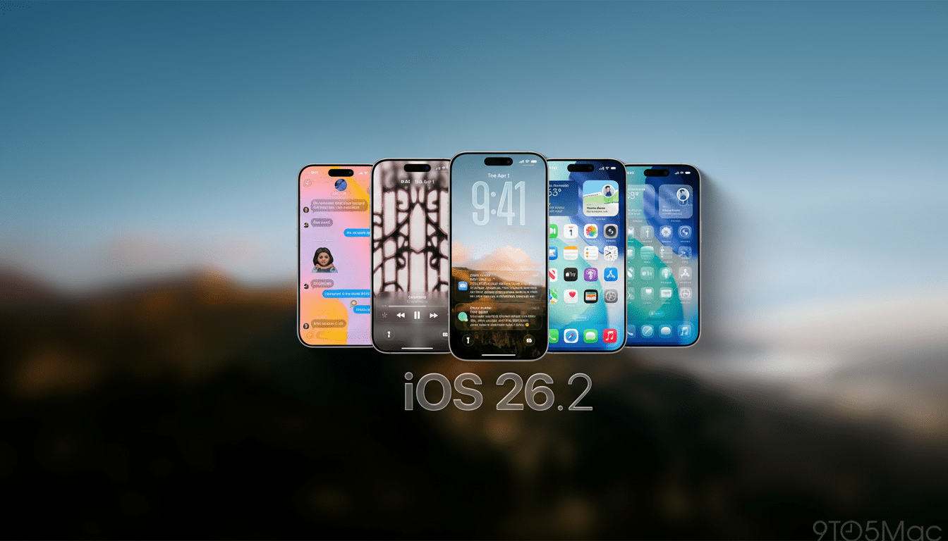 Five iPhones displaying different iOS screens, with iOS 26.2 text below them, set against a blurred natural background.