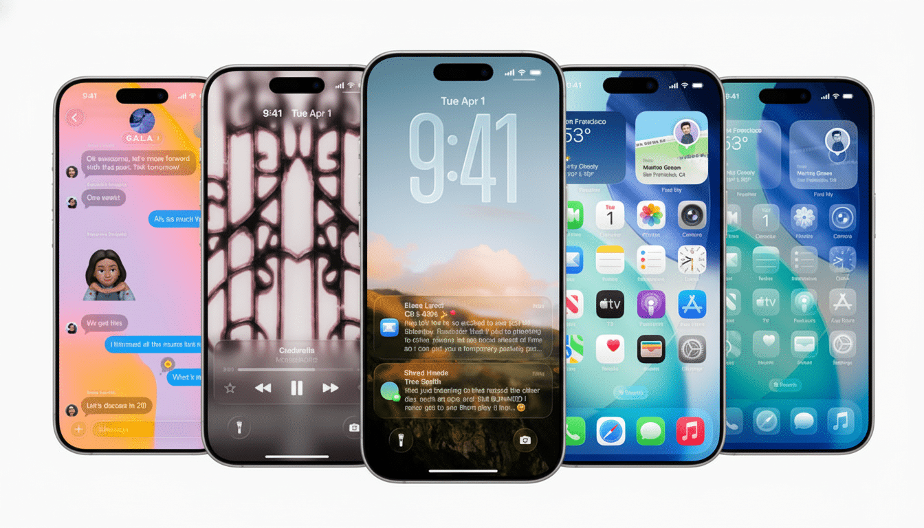 Five iPhones displayed side-by-side, showcasing different screen interfaces.