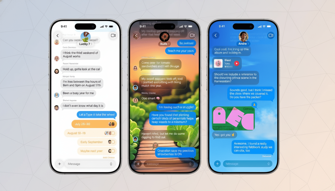 Three iPhones displaying different iMessage conversations, resized to a 16:9 aspect ratio with a professional gradient background.
