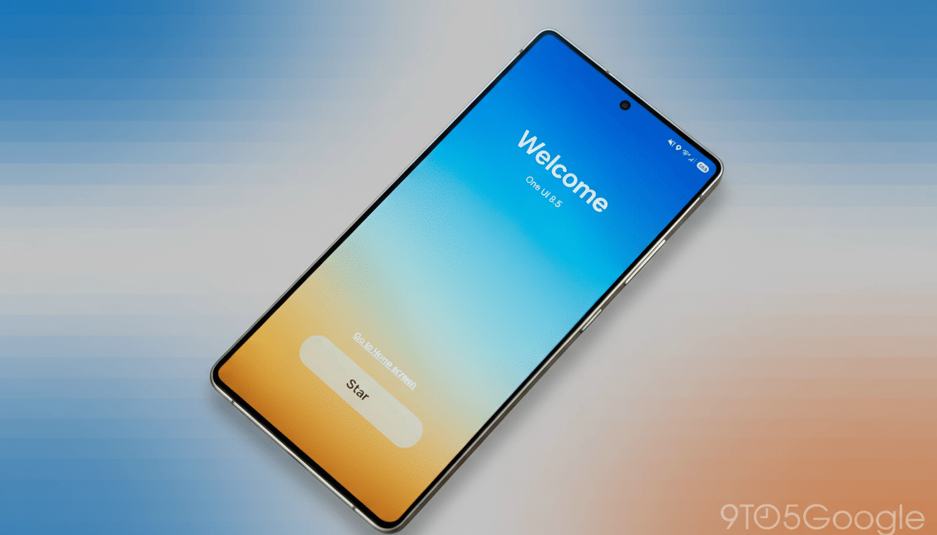 A smartphone displaying a Welcome screen with One UI 8.5 text, set against a professional flat design background with soft blue and orange gradients.