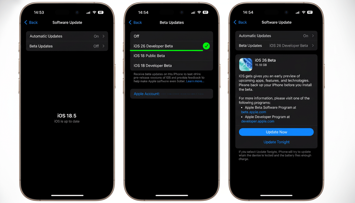 A professionally enhanced image of three iPhone screens showing the process of enabling and selecting the iOS 26 Developer Beta update.
