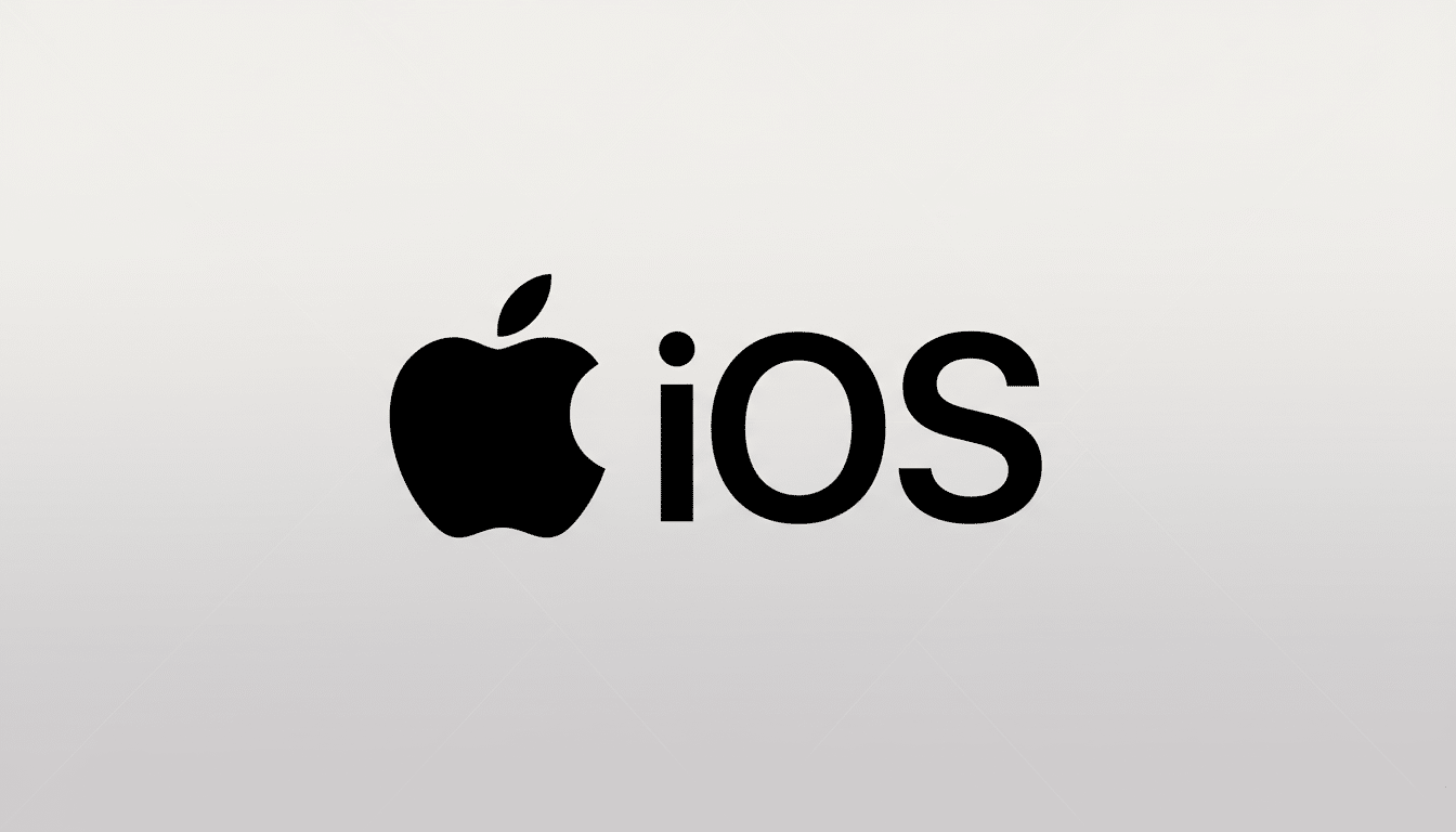 The iOS logo, featuring a black Apple icon followed by the word iOS in black, set against a professional light gray gradient background.