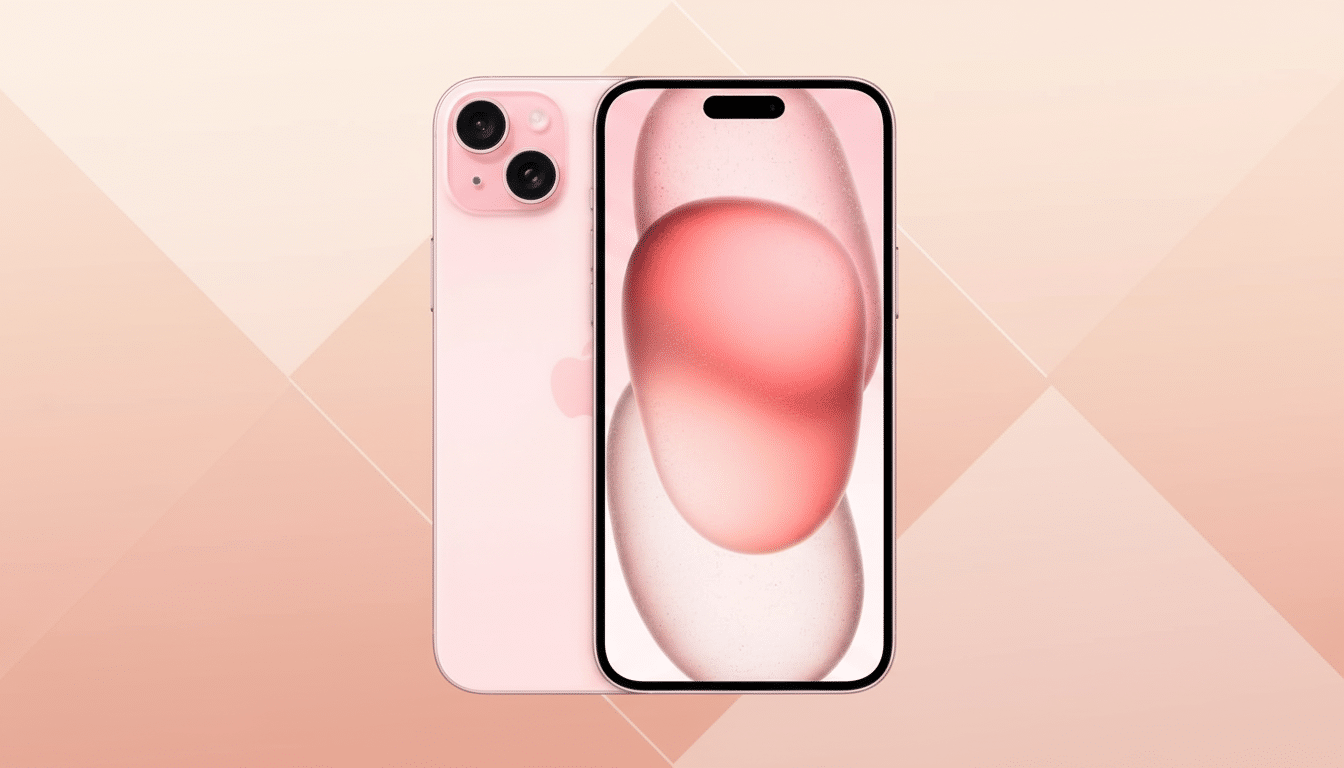 A pink iPhone 14, viewed from the back and front, with a soft pink geometric background.