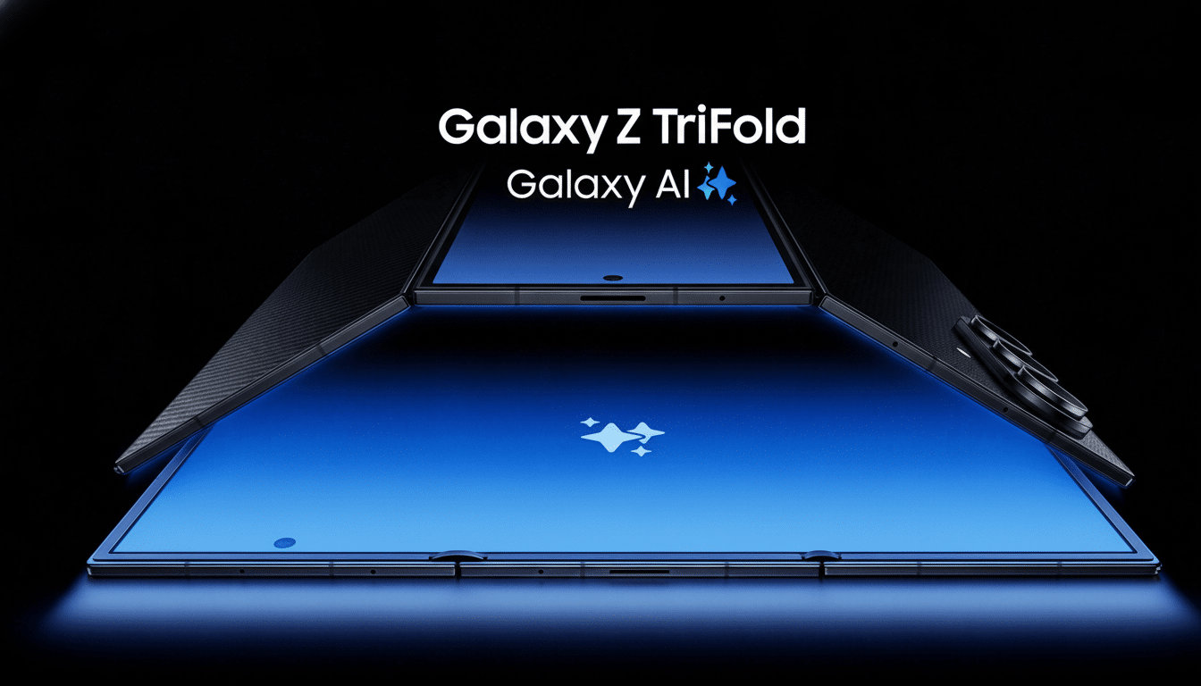 A Samsung Galaxy Z TriFold phone is displayed with its screen open, showing a blue background with a white star icon. The phone is set against a dark background with subtle blue lighting.