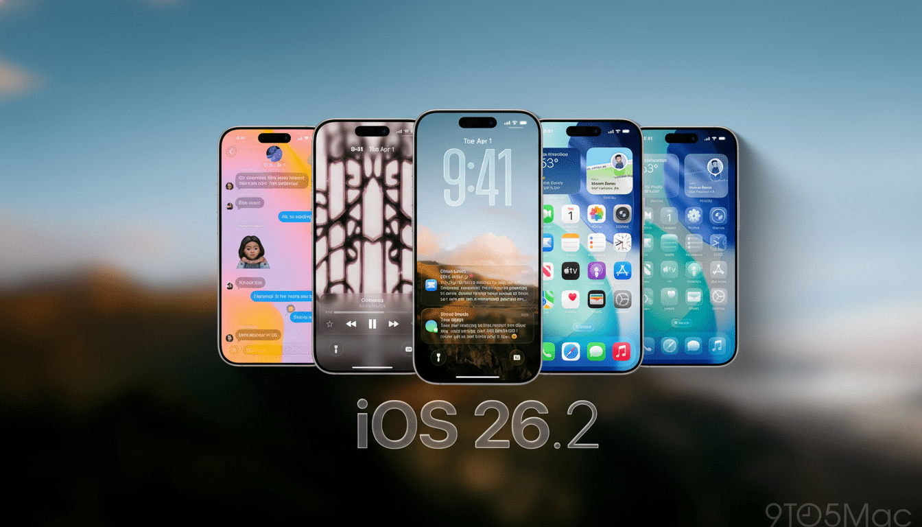 A row of five iPhones displaying various iOS screens, with iOS 26.2 text prominently featured below them, set against a blurred background.