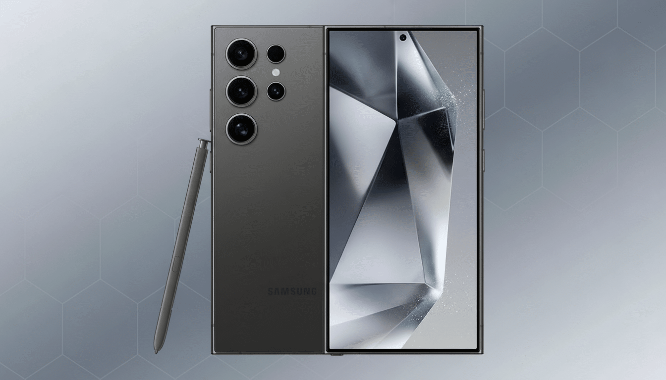 A dark gray Samsung Galaxy S23 Ultra smartphone with its S Pen stylus, presented on a professional gray background with a subtle hexagonal pattern.
