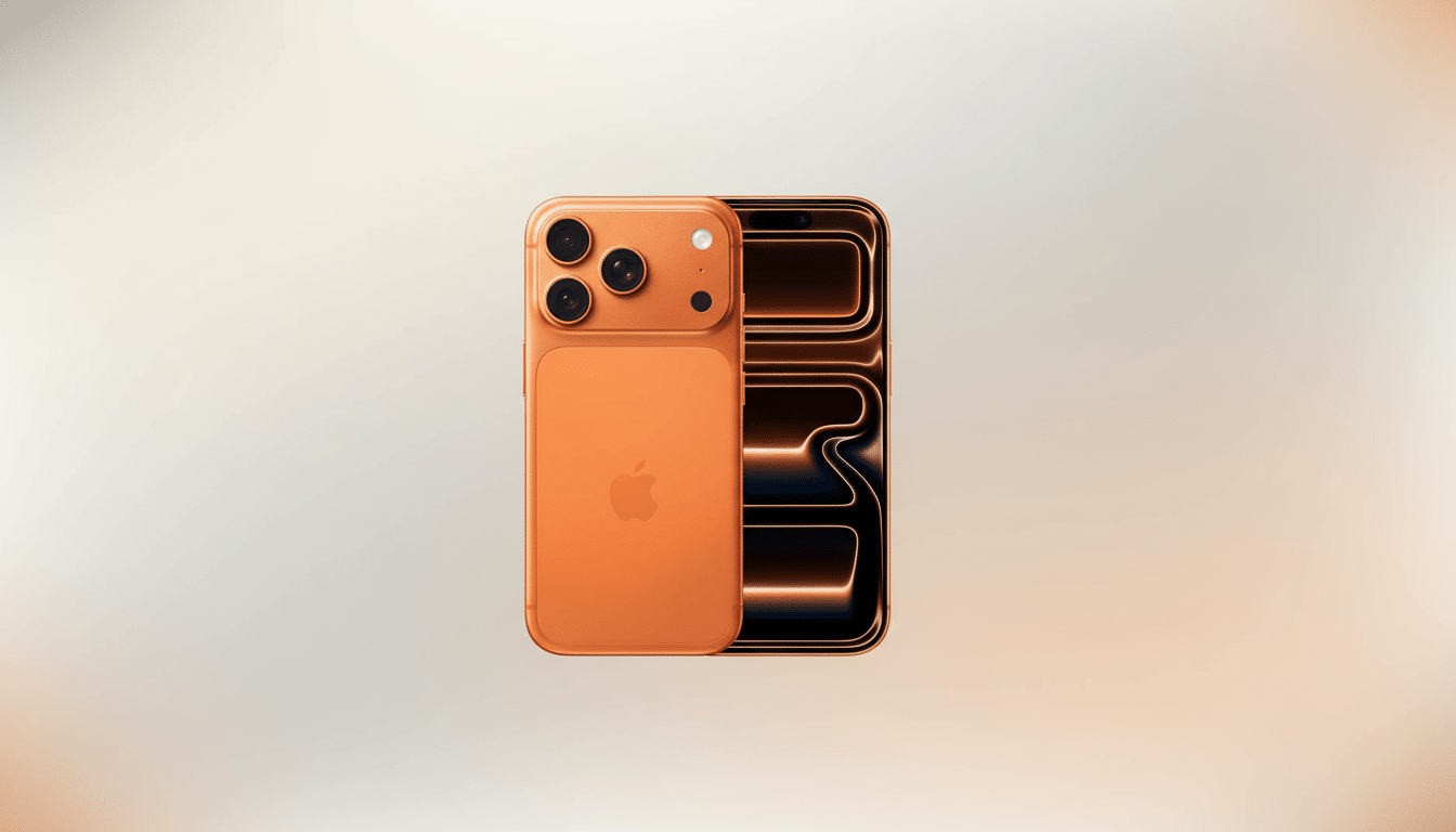 An orange iPhone with its back facing forward, and another iPhone with a glowing screen partially visible behind it, set against a soft, gradient background.