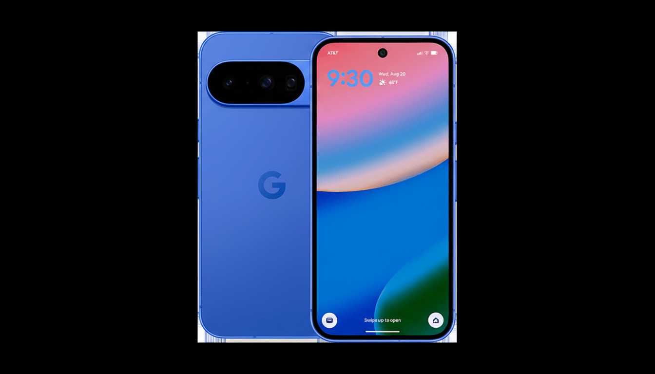 A blue Google Pixel phone shown from the front and back, resized to a 16:9 aspect ratio with a black background.