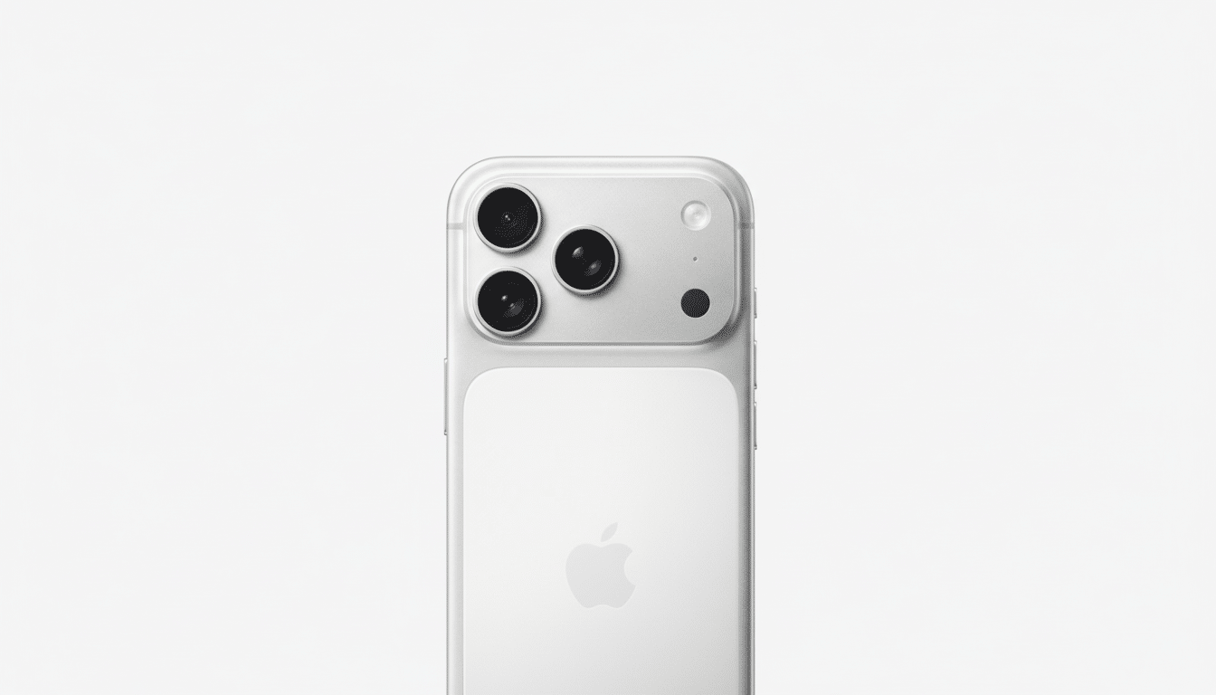 A close-up, professional shot of the back of a white iPhone, showcasing its triple camera system and the Apple logo, set against a clean white background.