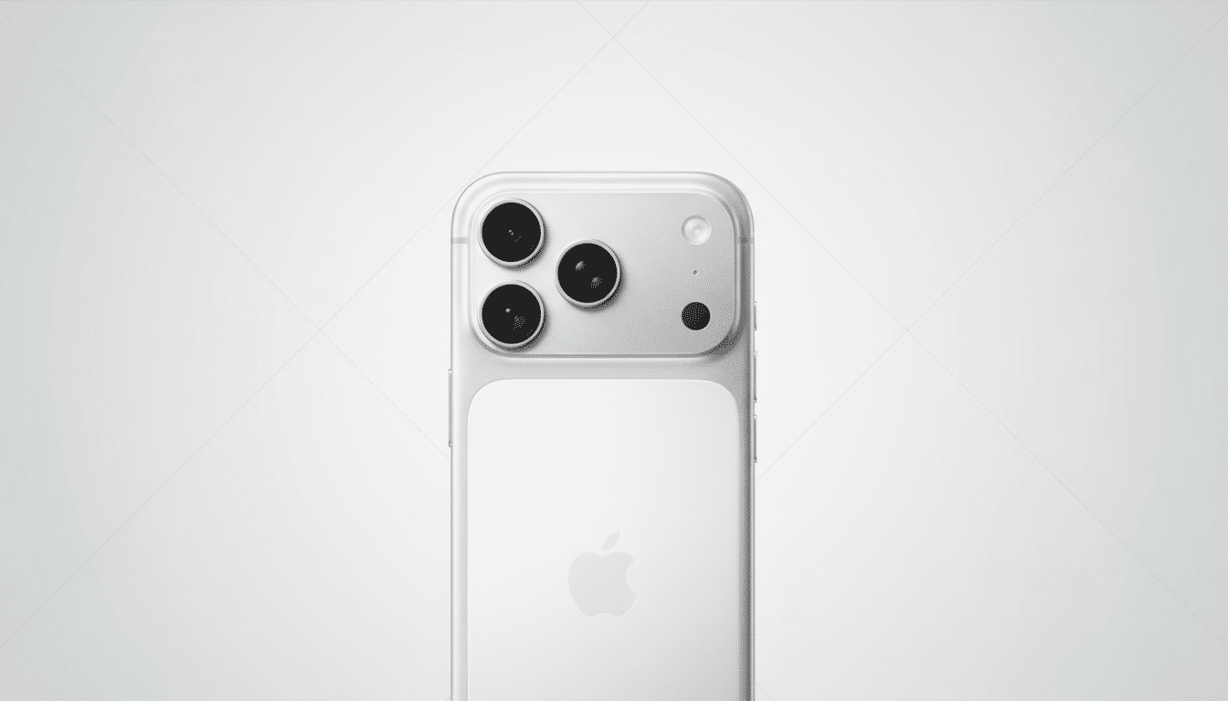 A white iPhone with three camera lenses and an Apple logo on the back, presented against a professional light gray background with subtle geometric patterns.