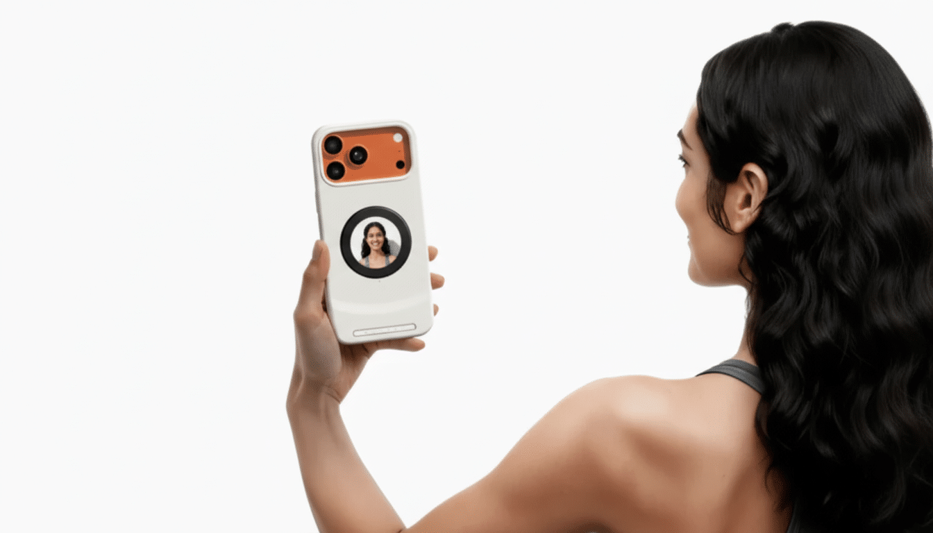 A woman holding a smartphone with a circular display on the back showing a persons face, resized to a 16:9 aspect ratio.