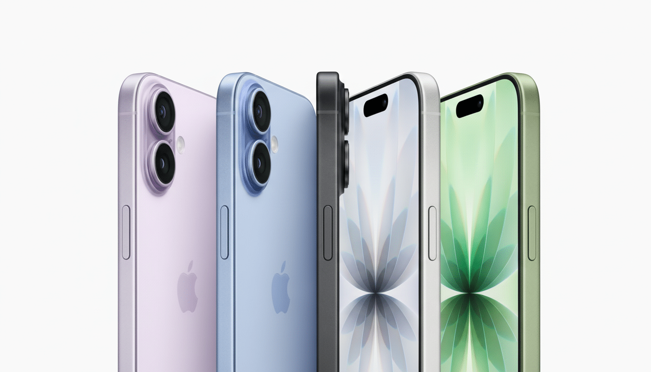 Four iPhones in different colors (purple, blue, black, and green) are displayed side-by-side against a white background.