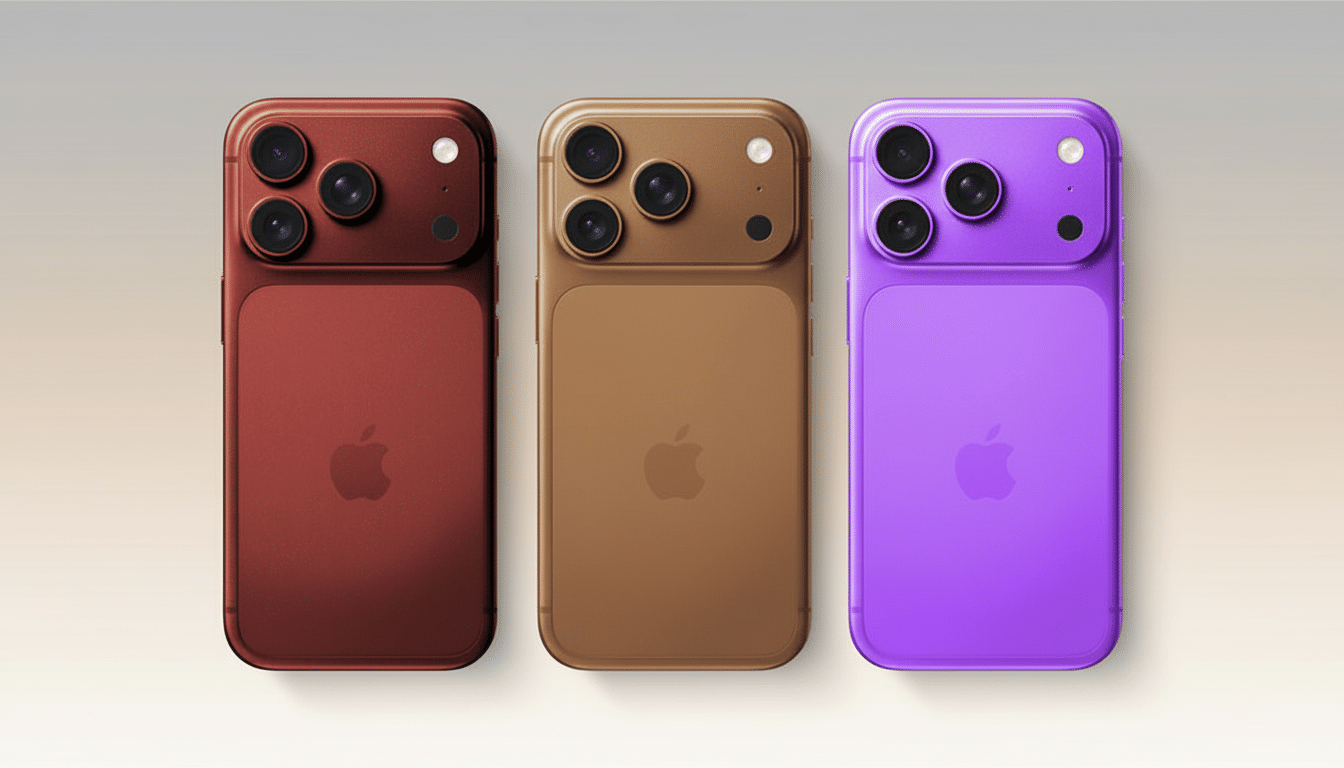 Three iPhones in red, gold, and purple, arranged side-by-side on a professional flat background with a soft gradient.