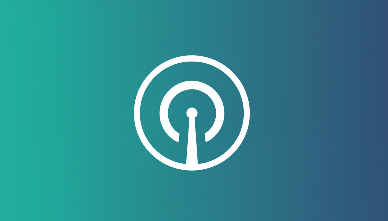 A white icon resembling a broadcast or Wi-Fi signal, with a central dot and two concentric arcs, set against a professional 16:9 gradient background transitioning from teal to purple.