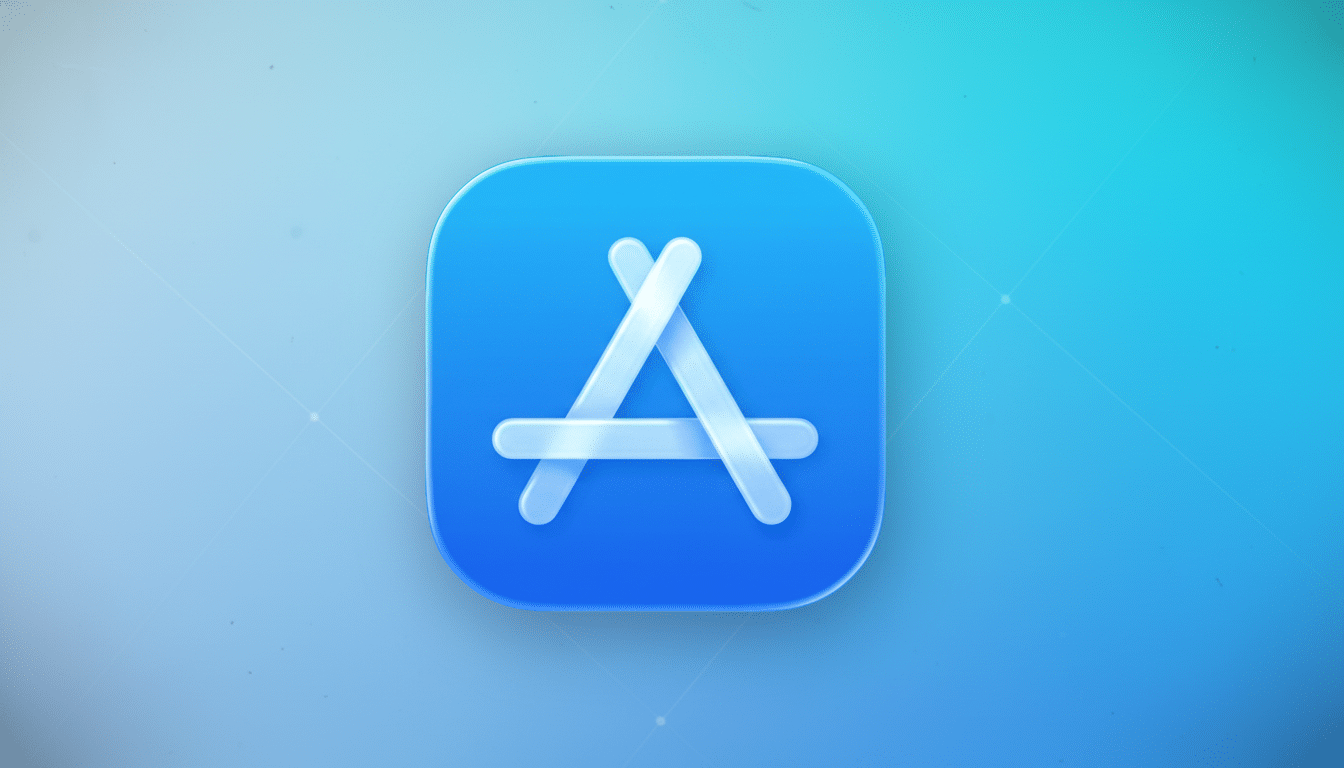 The App Store icon, a rounded blue square with a white stylized A made of three intersecting lines, centered on a professional 16:9 background with a soft blue and cyan gradient and subtle, light patterns.