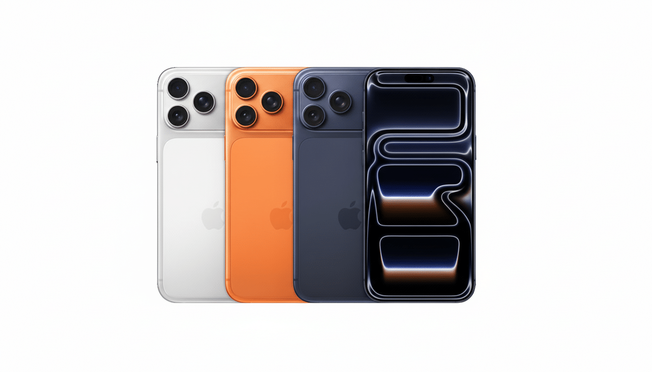 Four iPhones in white, orange, dark blue, and black, arranged in a row on a white background.