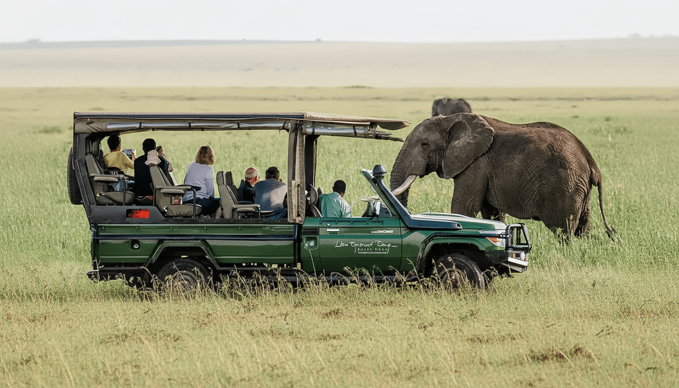 A safari vehicle with tourists observing an elephant in a grassy plain.