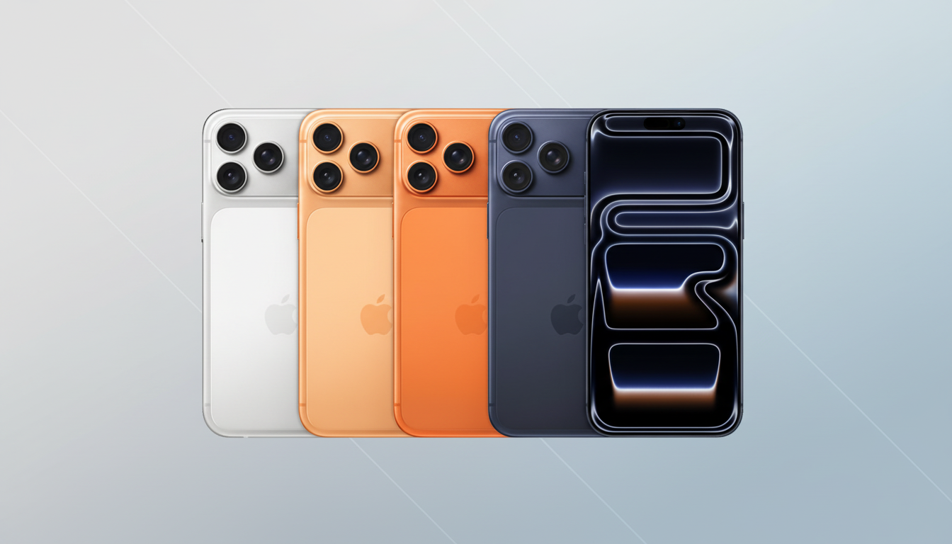 Four iPhones in white, orange, dark orange, and dark blue, with the front-facing phone displaying a glowing abstract design, presented on a professional flat design background with soft patterns.