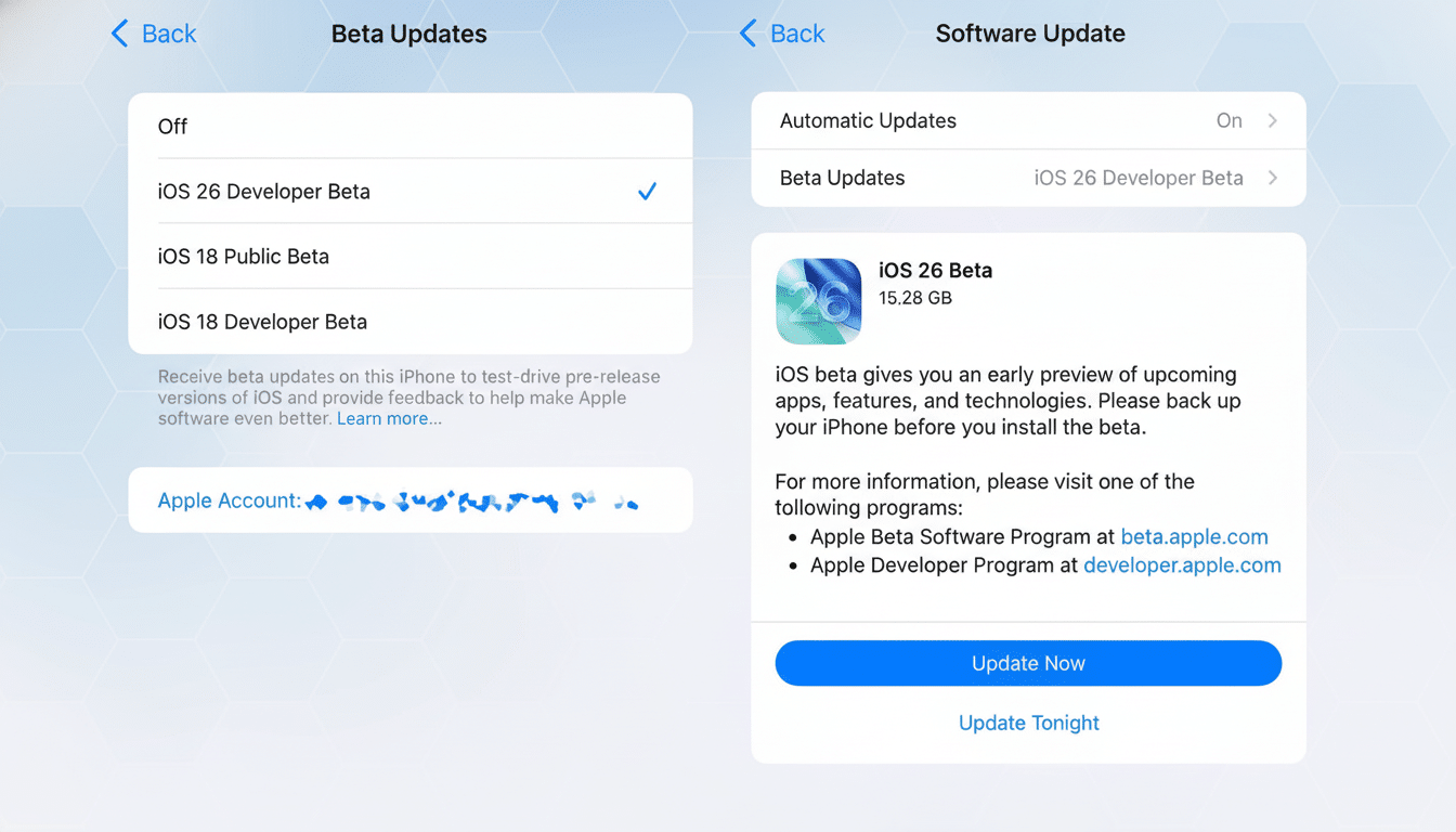 A screenshot of an iPhones Beta Updates and Software Update screens, showing options for iOS 26 Developer Beta and iOS 18 Public Beta, with a new professional flat design background.