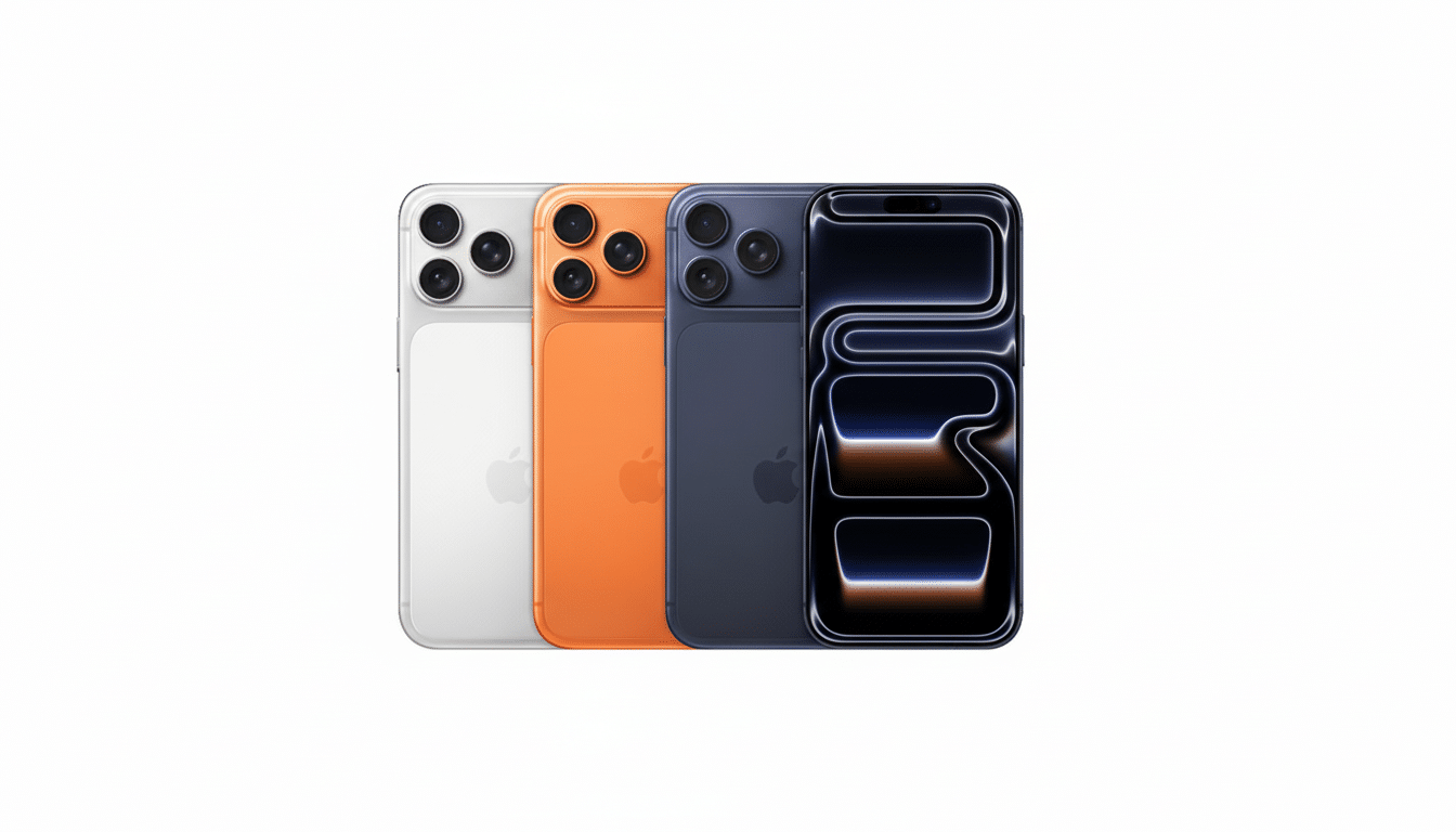 Four iPhones in white, orange, dark blue, and black, arranged in a row on a white background.