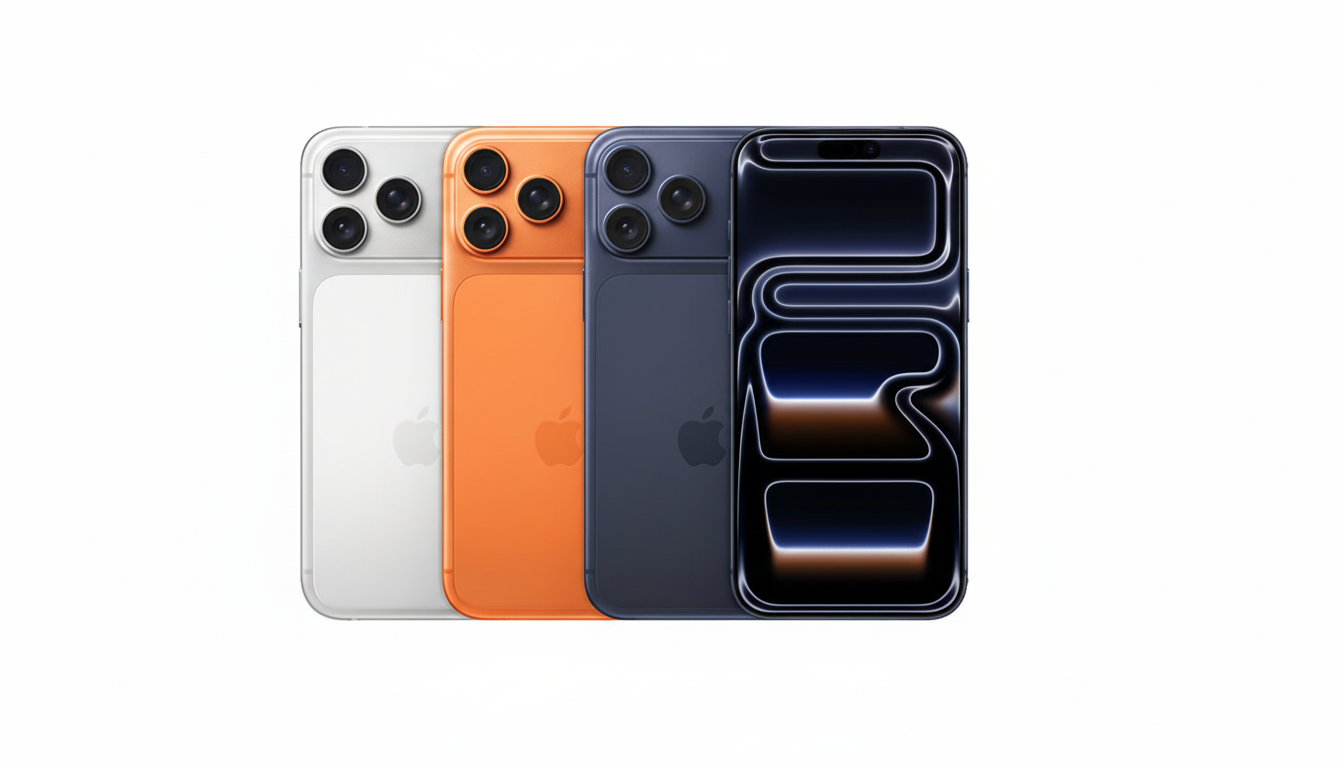 Four iPhones in white, orange, dark blue, and black, arranged in a row on a white background.