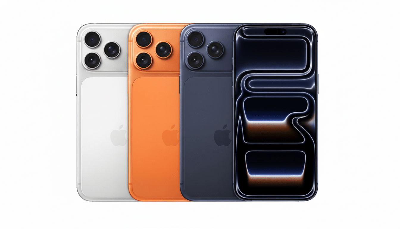 Four iPhones in white, orange, and dark blue, with the fourth phone displaying a dark screen with abstract light patterns, all presented on a clean white background.