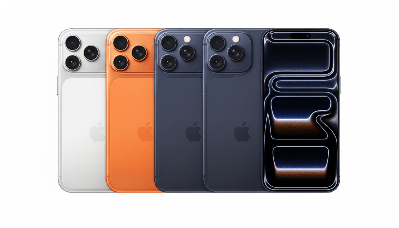 Four iPhones in white, orange, and two shades of blue, arranged side-by-side on a white background.