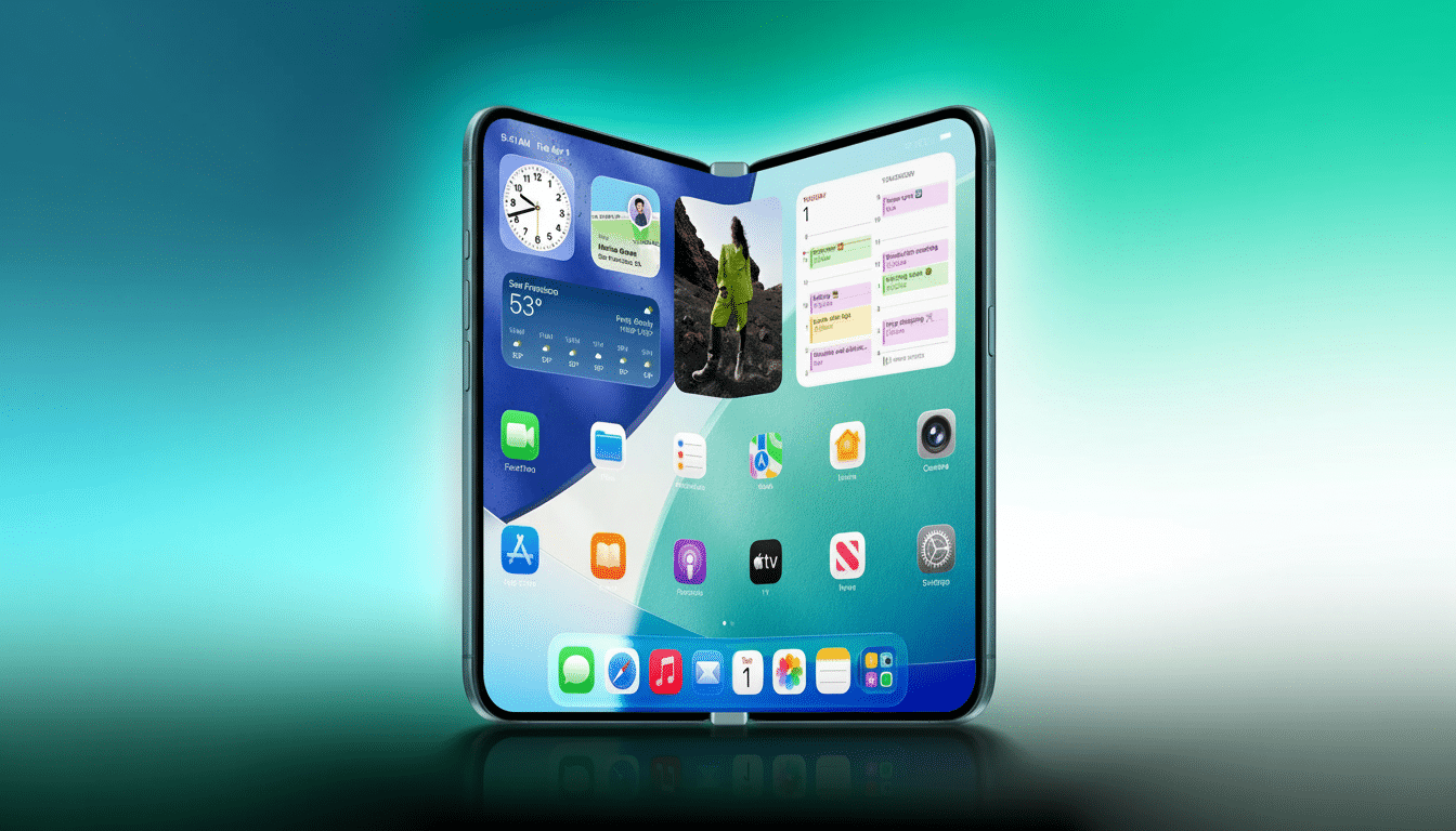 A foldable smartphone displaying a home screen with various app icons and widgets, set against a gradient background.