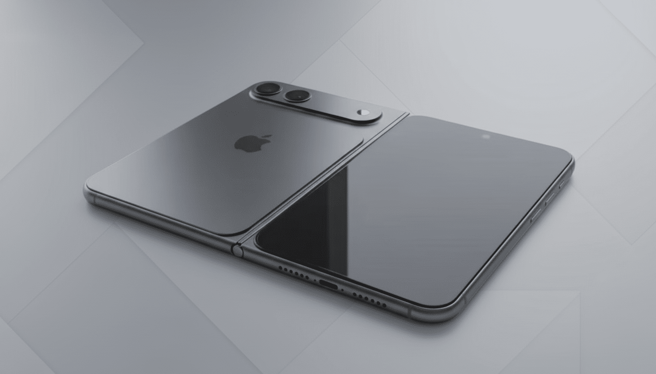 A sleek, dark gray foldable smartphone with an Apple logo on the back, presented on a professional gray background with subtle geometric patterns.