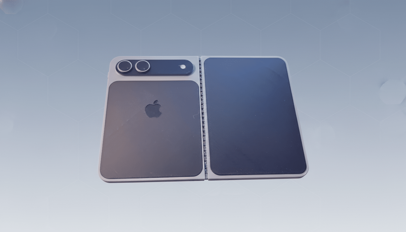 A professional, enhanced image of a foldable phone with an Apple logo on the back, presented on a clean, light blue background with subtle hexagonal patterns.