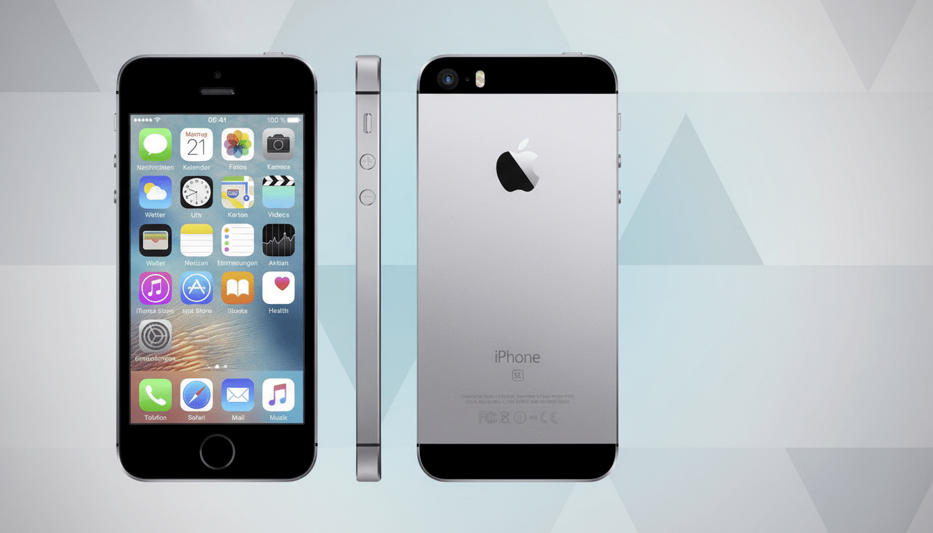 A professional, enhanced image of an iPhone SE in a 16:9 aspect ratio. The image displays the front, side, and back of the phone against a clean, professional flat design background with soft patterns.