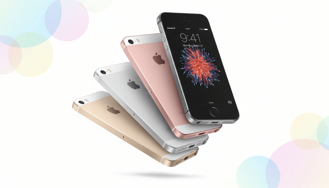 Four iPhone SE models in black, rose gold, silver, and gold, arranged diagonally with a soft, colorful bubble pattern in the background.
