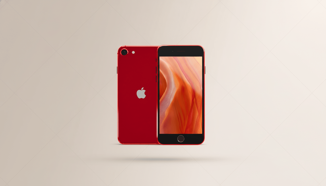 A red iPhone SE, front and back, on a professional flat design background with soft patterns.