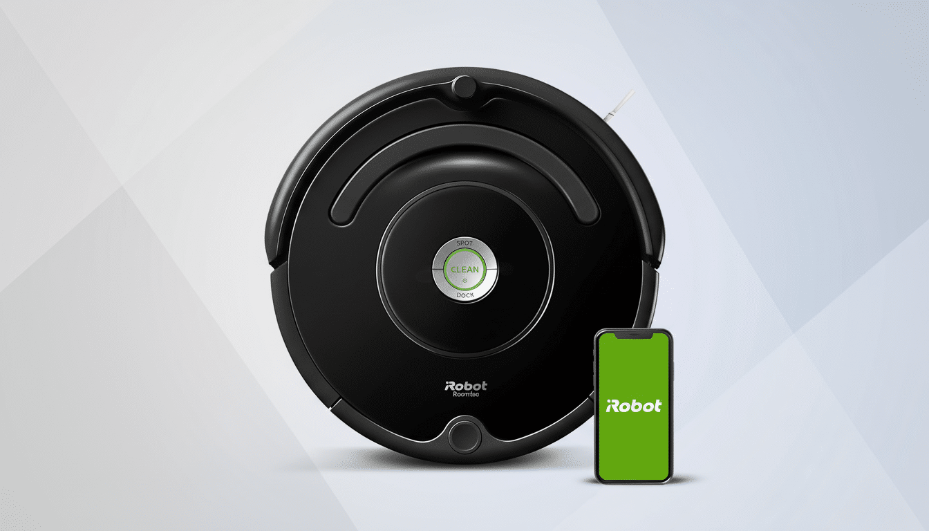 A black iRobot Roomba robot vacuum cleaner with a green CLEAN button, positioned next to a smartphone displaying the Robot app on a green screen. The background is a professional flat design with soft gray gradients and subtle geometric patterns.