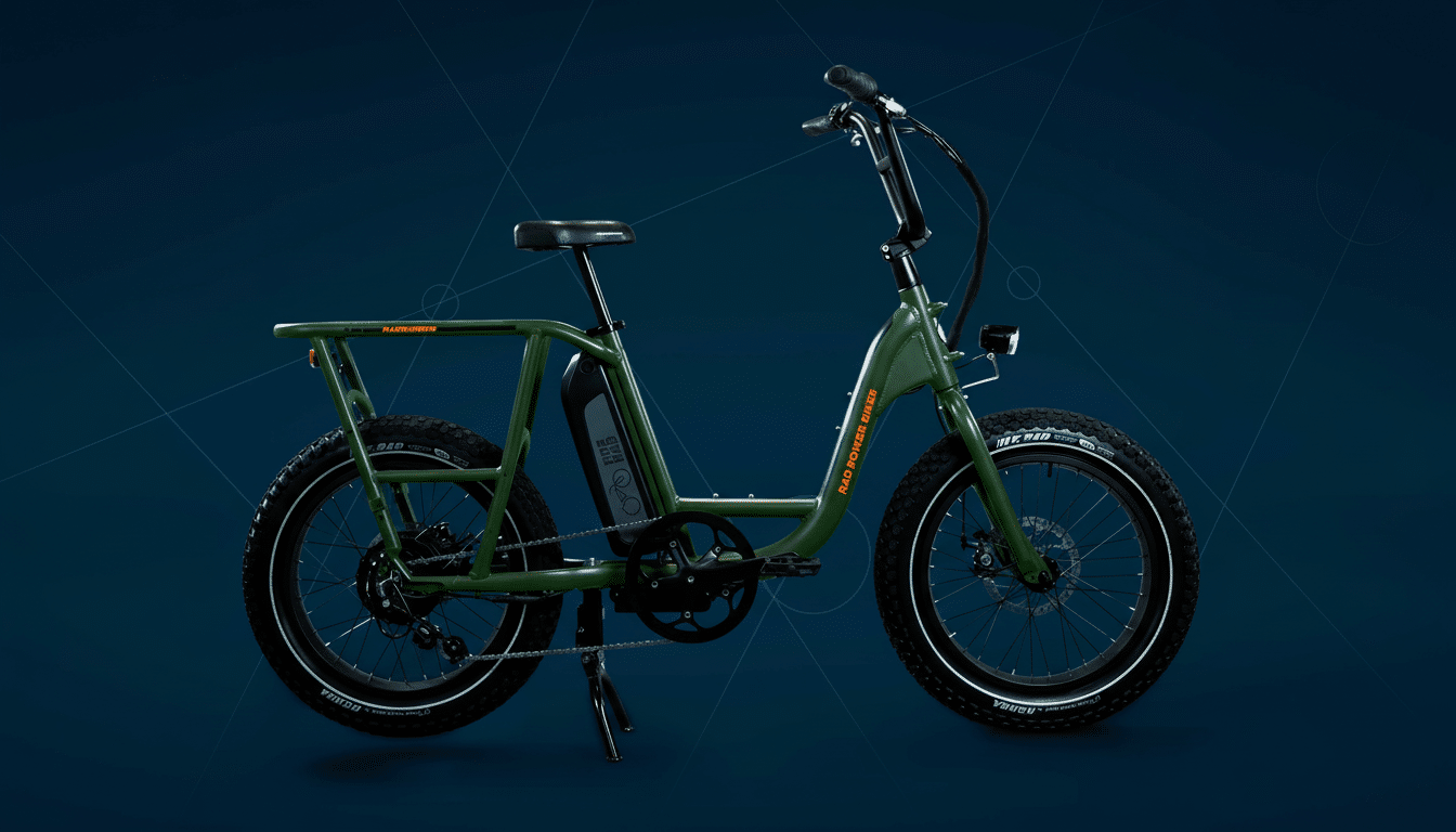 A green RadRunner electric utility bike with a dark blue background featuring subtle geometric patterns.
