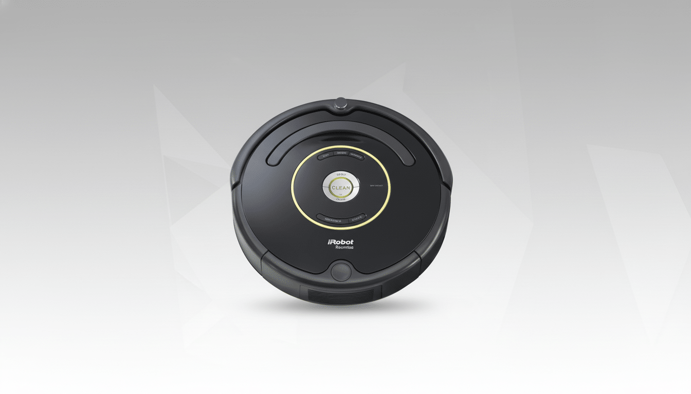 A black iRobot Roomba vacuum cleaner centered on a professional flat design background with soft gray and white geometric patterns.