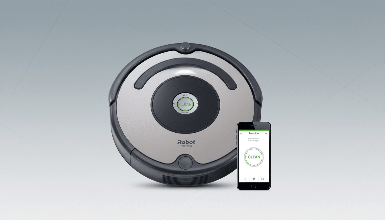 A Roomba robot vacuum cleaner and a smartphone displaying the Roomba app, set against a professional flat design background with a soft gradient.